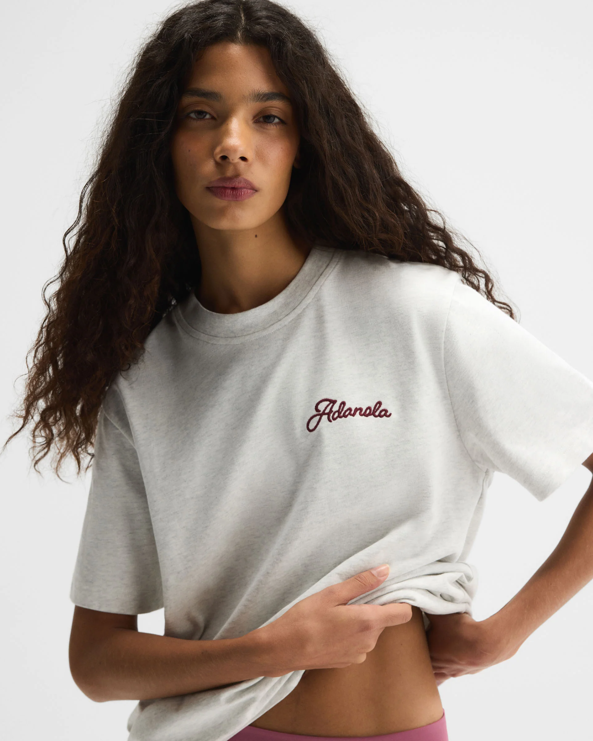 Adanola Script Embroidered Short Sleeve Oversized T-shirt - Light Grey Melange/Damson Red - Image 2
