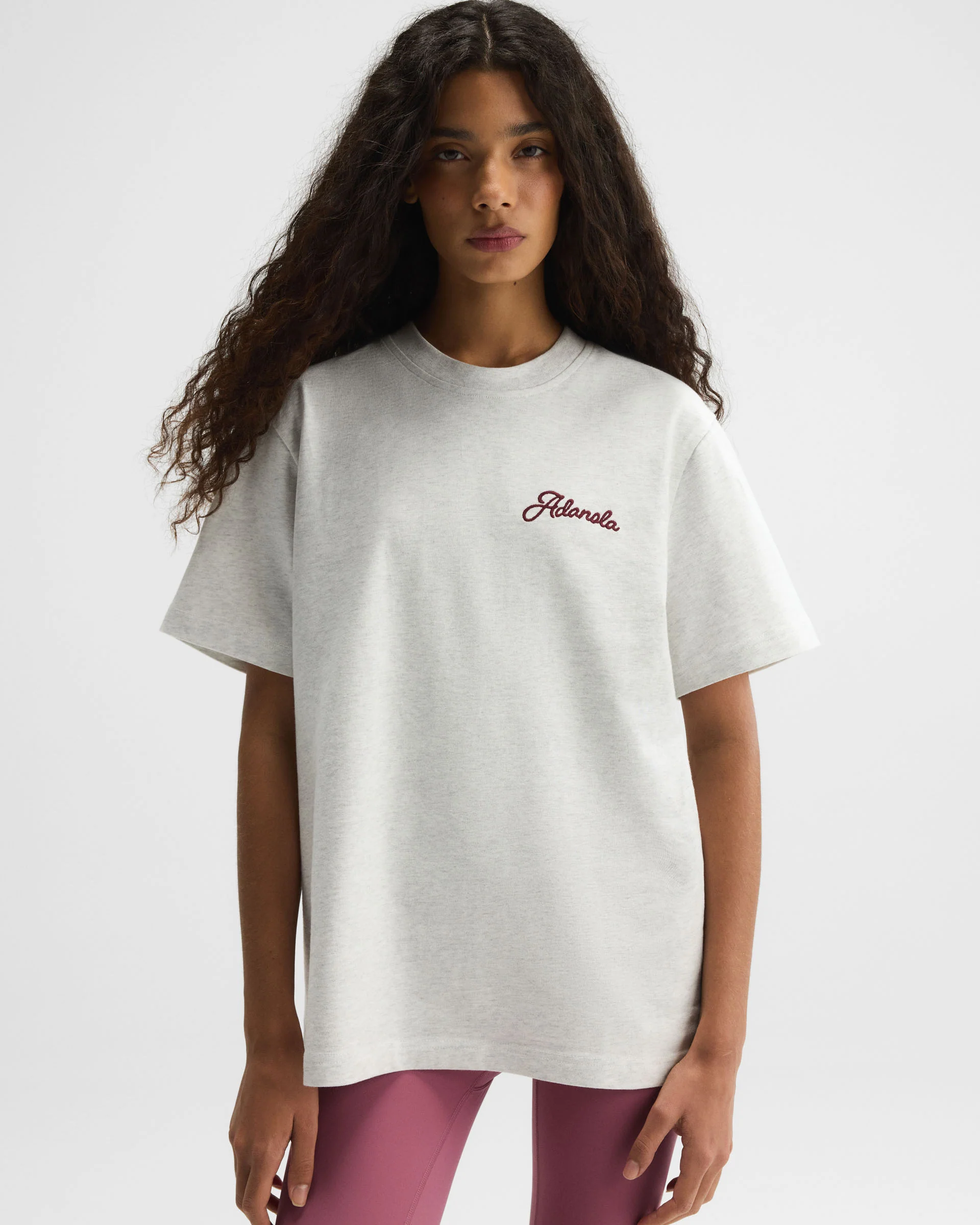 Adanola Script Embroidered Short Sleeve Oversized T-shirt - Light Grey Melange/Damson Red - Image 4