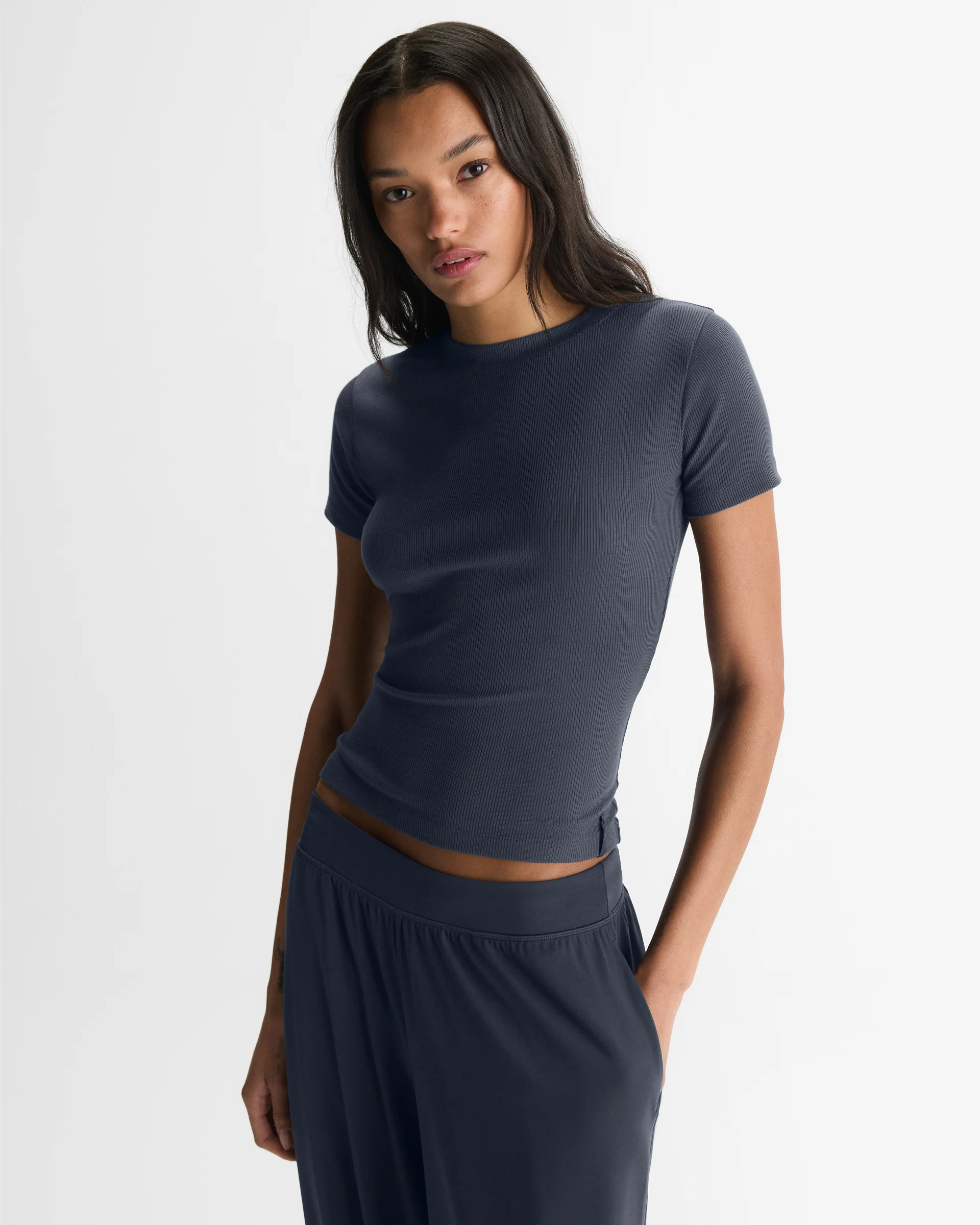 Modal Soft Rib Short Sleeve Top - Midnight Blue - Image 2