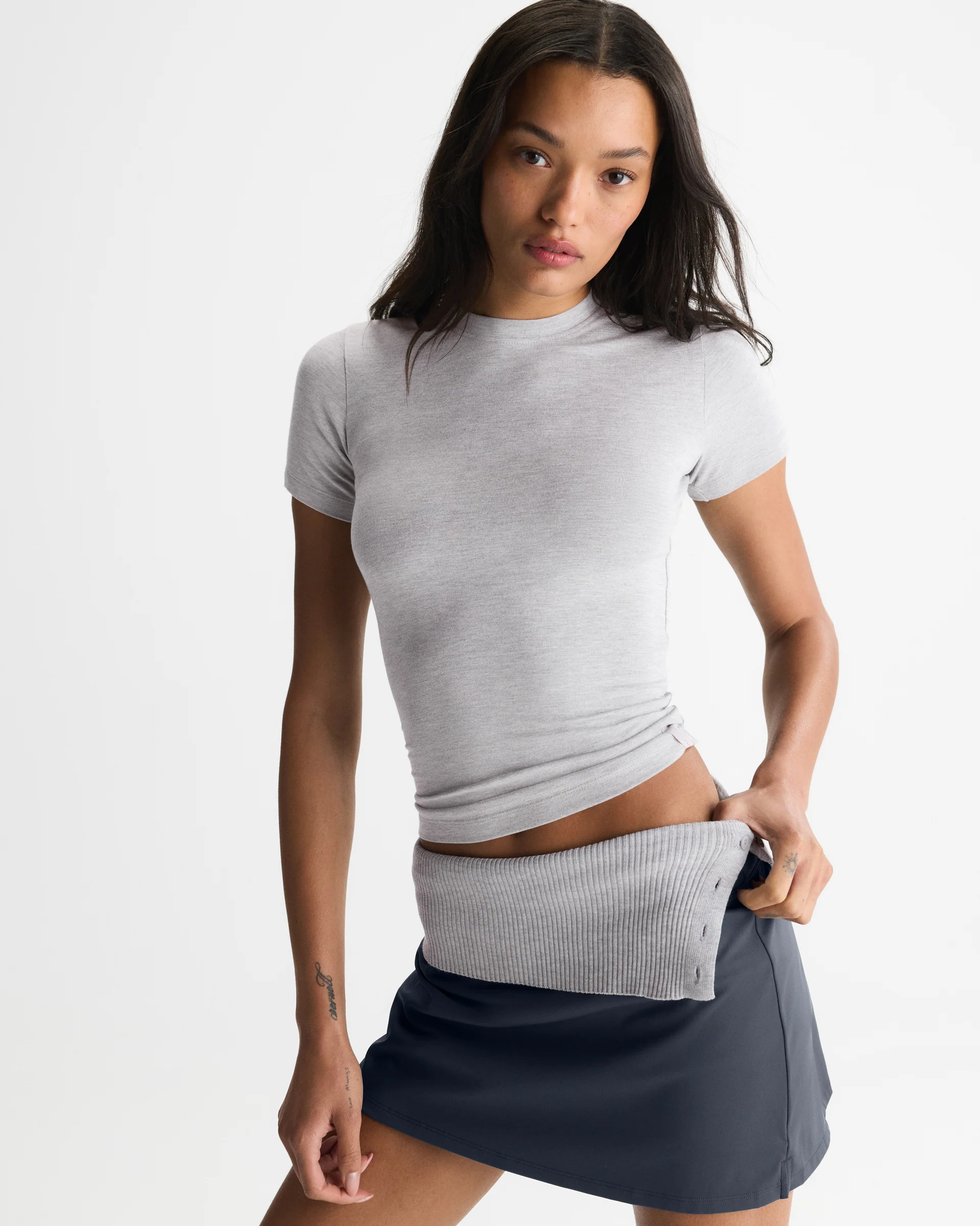 Modal Soft Short Sleeve Top - Light Grey Melange - Image 5