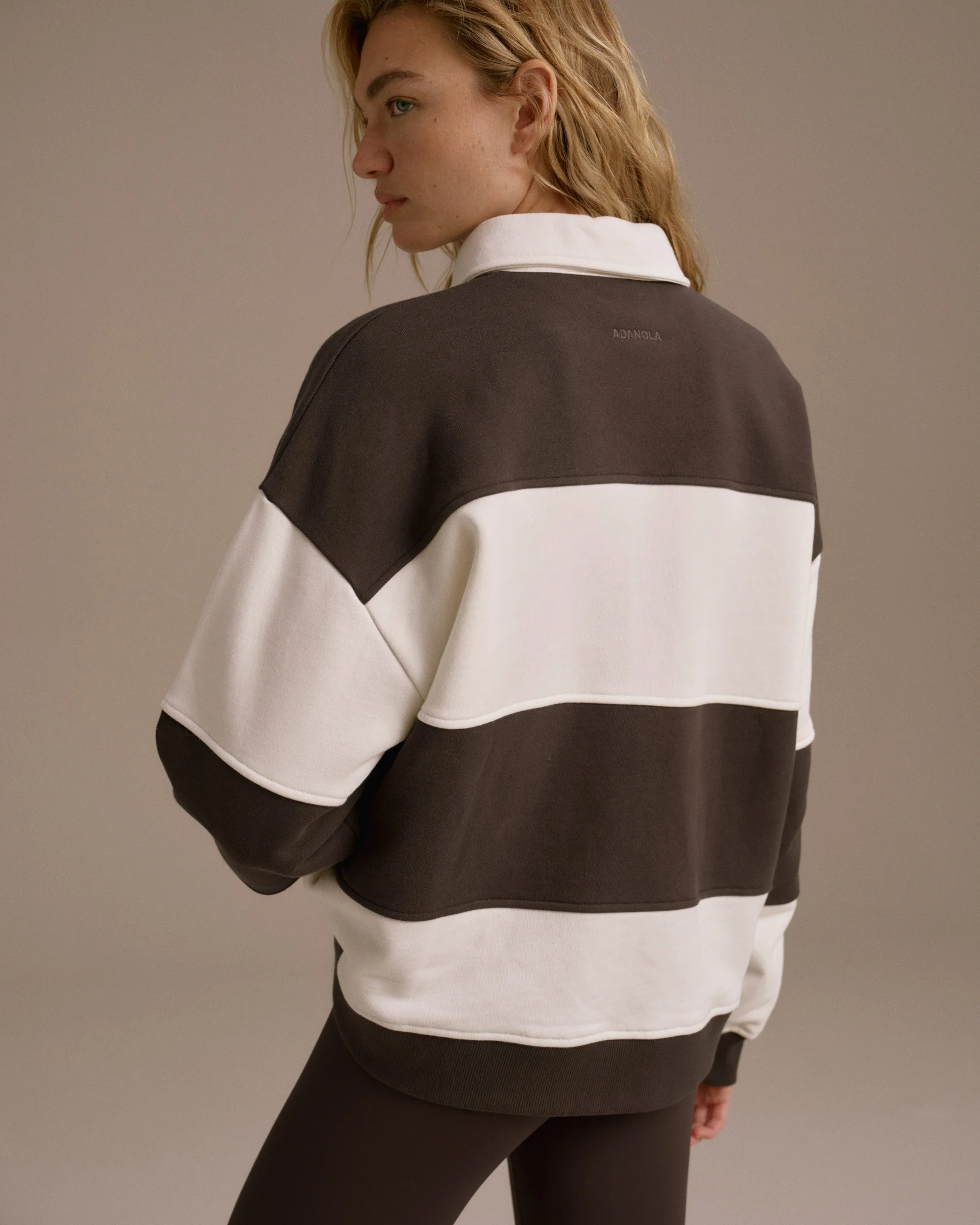 Stripe Oversized Henley Sweatshirt - Coffee Bean/Marshmallow White - Image 2