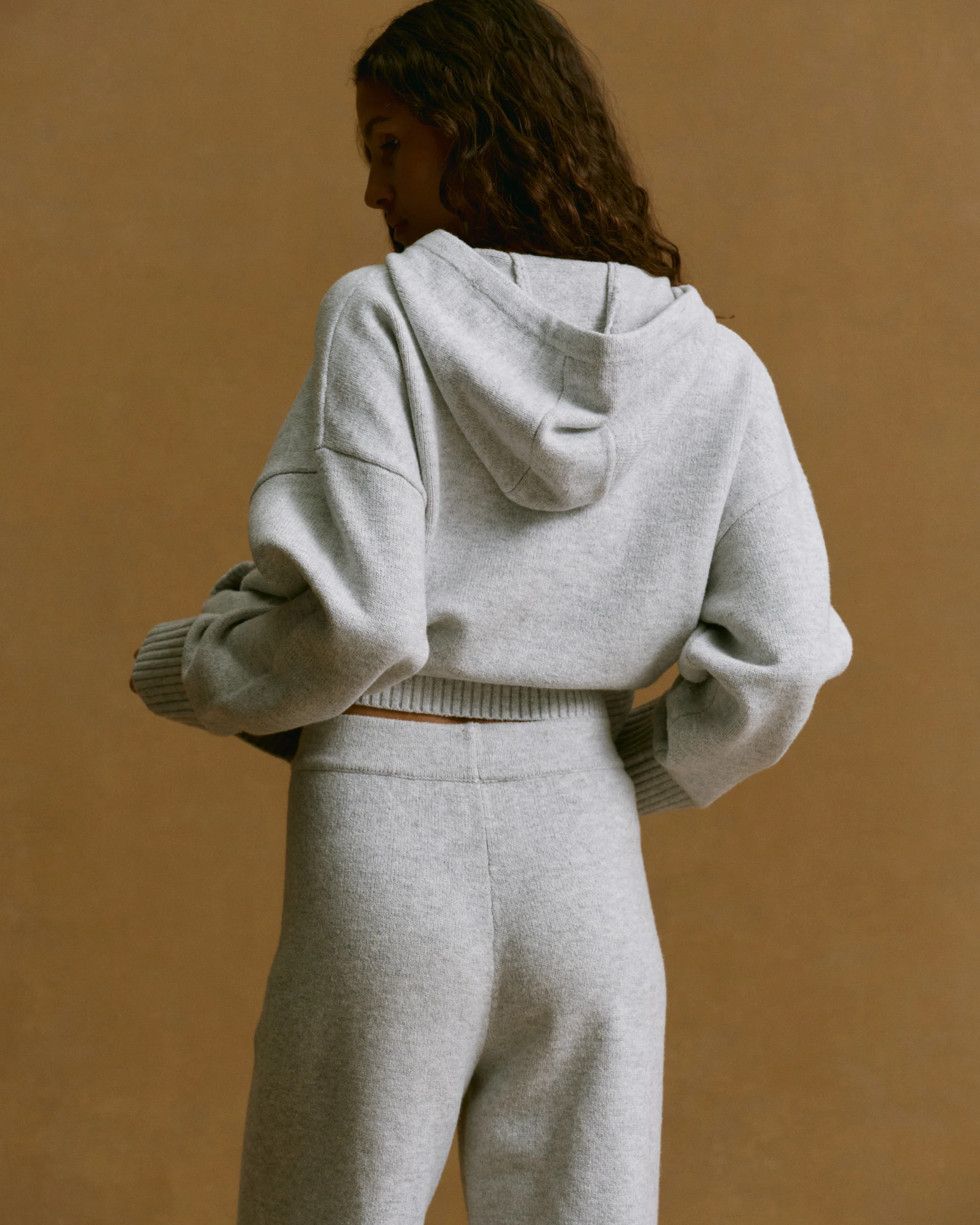 Varsity Knit Hooded Bomber Jacket - Light Grey Melange/Navy Blue - Image 2